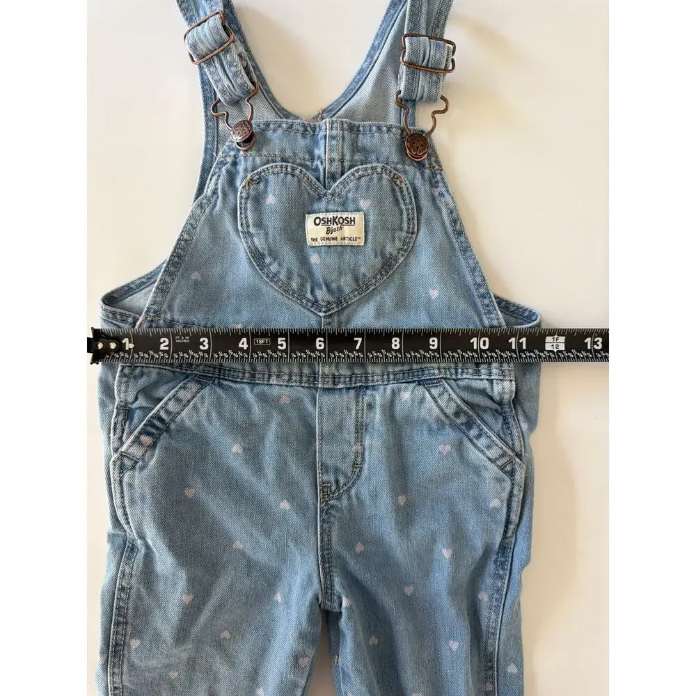 Vtg OshKosh B'gosh Heart Print Denim Overalls Girls 2T 90s Y2K Bib Pocket Rare